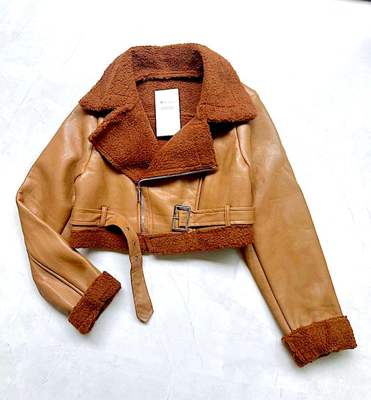 Chaqueta Crop Aviadora Forrada Premium Café
